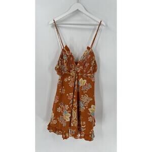 Free People Mini Dress Womens Medium Orange Corduroy Looking Glass Ruffle Floral